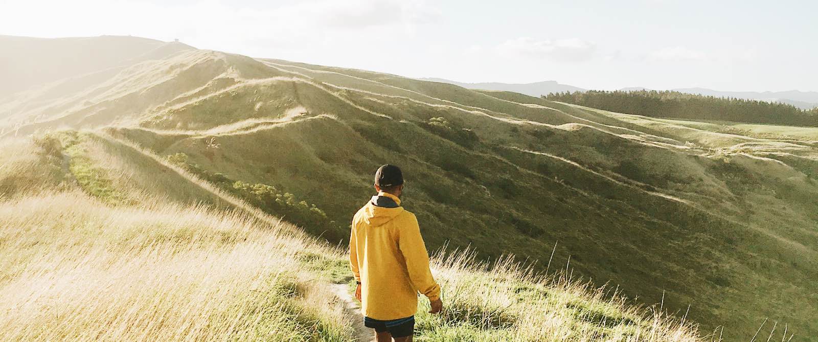 Photo of someone looking over grassy hills, about to go on a big journey...